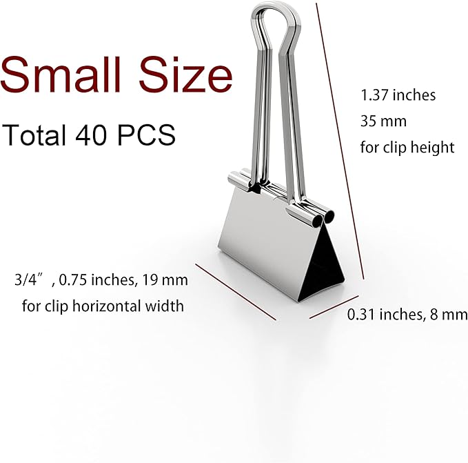 Nctinystore Binder Clips Small Metal Clamp 0.75 inch / 19 mm (Silver, 40 PCS)