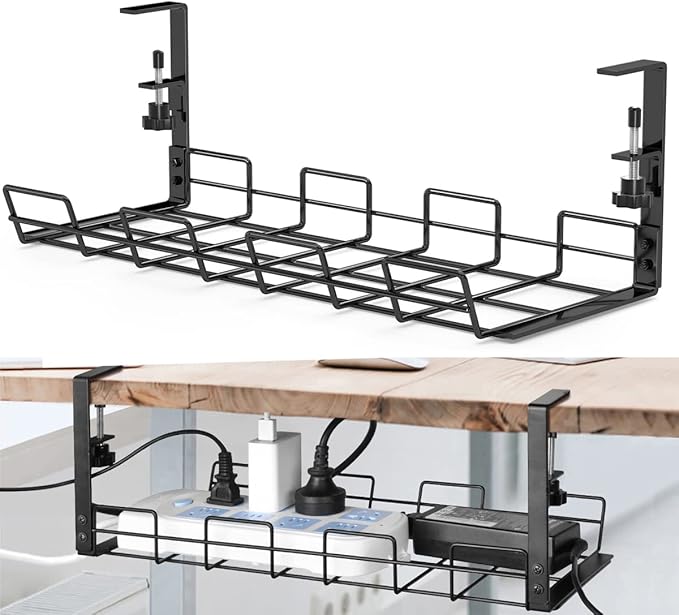 No Drill Under Desk Cable Management Tray, Desk Wire Management Cable Tray Sturdy Metal Wire Organizer Under Desk Basket for Office and Home Standing Desk -Black