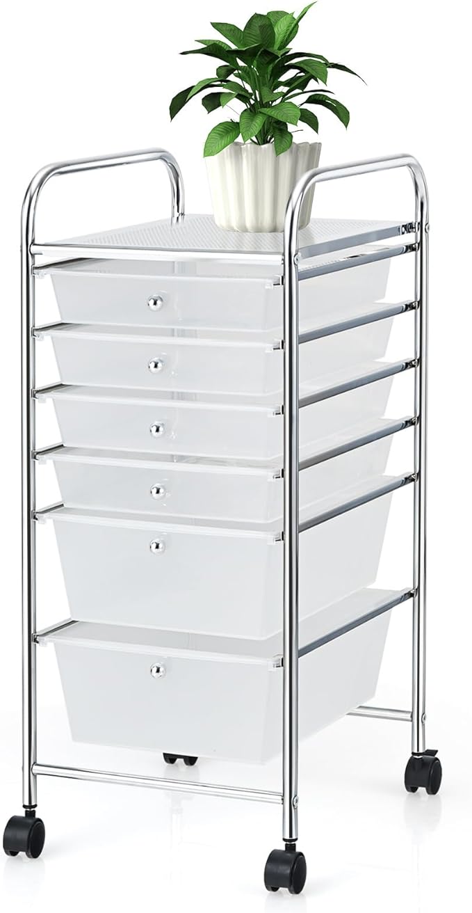 Happygrill 6-Drawer Organizer Cart Tools, Mobile Utility Storage Cart with Removable Drawers & Lockable Wheels, Rolling Storage Cart with Wheels for Home Office,Clear