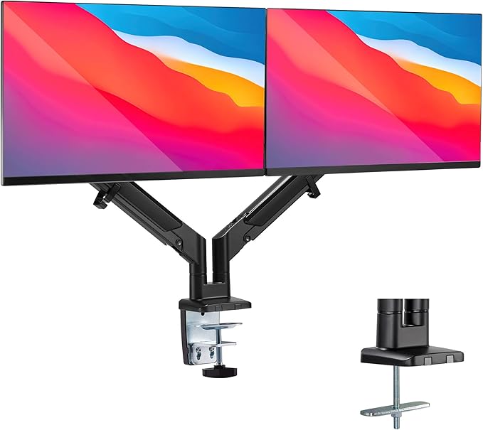 Mount-It! Dual Monitor Arm for 2 Monitors 17" to 32" Screens, Holds 19.8lbs per Arm, Height Adjustable, Tilt/Swivel/Rotate, Gas Spring System, Max VESA 100x100, C-Clamp & Grommet Base