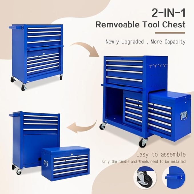 13-Drawer Tool Chest with Tool box and wheels, Large Detachable Tool box with Sliding Drawers, Mechanic Storage Cabinets, Metal Tool Cart for Garage Workshop (Blue)