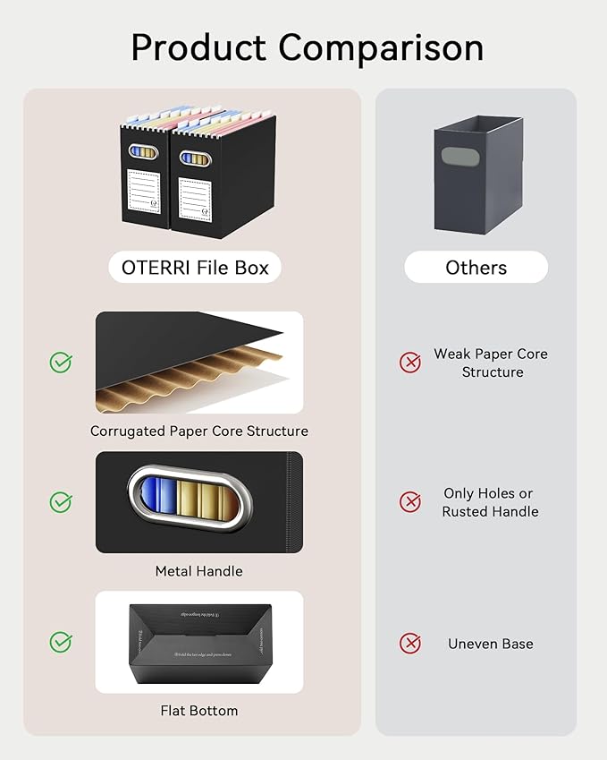 Oterri Cardboard File Organizer Box for Hanging File Folders Letter Size,File Box for Computer Desk,File Cabinet,Working Home,Office,Classroom(Black, Letter Size - 6 Packs)