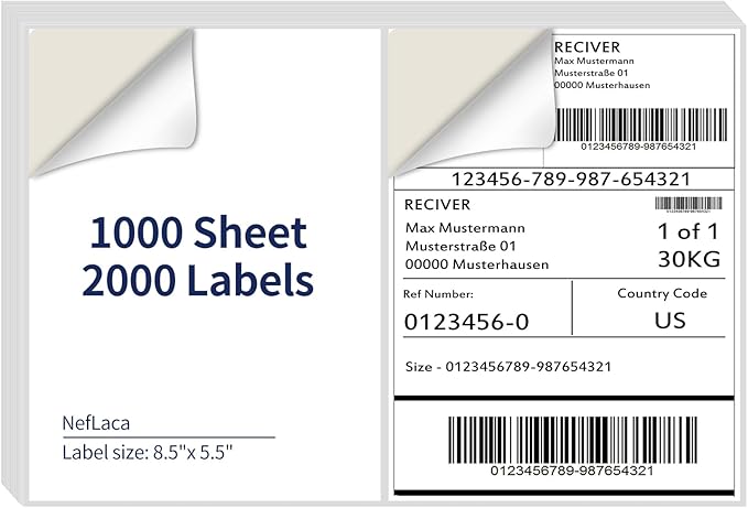 NefLaca 8.5" x 5.5" Half Page Self Adhesive Shipping Label, Compatible Laser & Inkjet Printers, White, 2 Labels Per Sheet(1000 Sheet Total 2000 Labels)