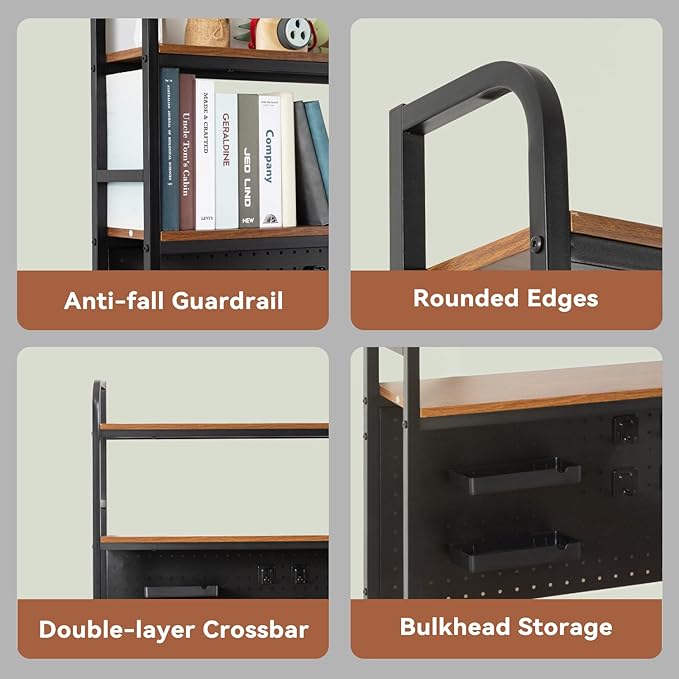 deli Desktop Bookshelf, Metal Desk Shelf Bookcase with Pegboard Hooks Set, 2 Tier Display Rack, Multipurpose Wood Desktop Hutch Storage Organizer for Dorm Office Home