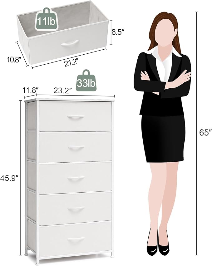 Crestlive Products Tall Dresser for Bedroom Vertical Storage Tower - Wide Fabric Dresser & Chests of Drawers for Closet, Hallway, Entryway w/Wood Top, Easy Pull Fabric Bins - 5 Drawers(White)