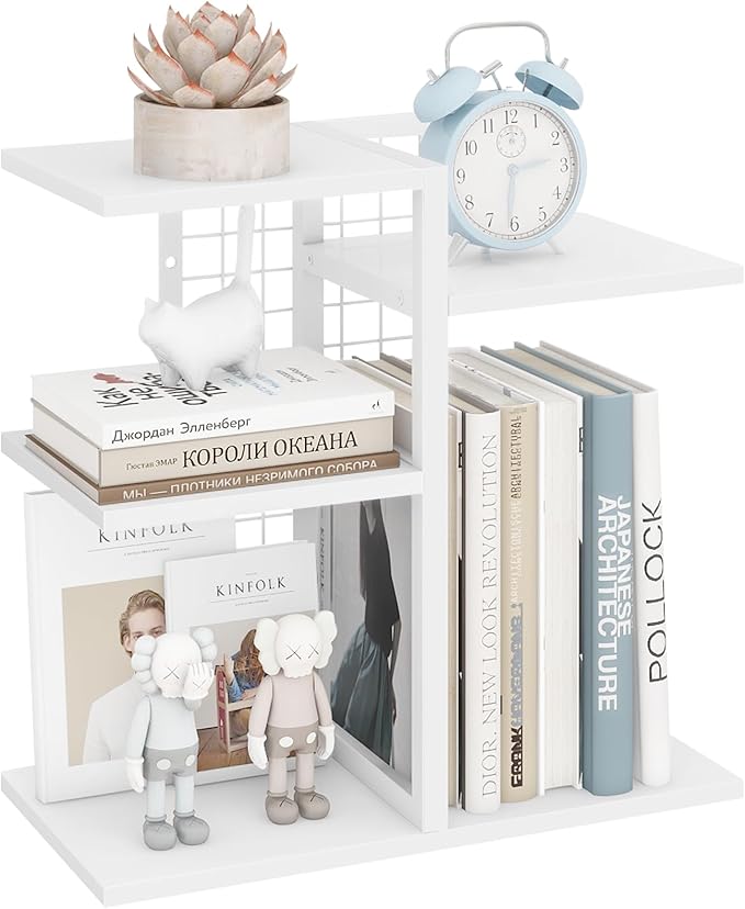 ELITEROO Desk Bookshelf, 4 Tier Wood Desktop Bookshelf, Adjustable Table Top Book Shelf and Storage Rack for Office Supplies, Dorm, Home Office, White