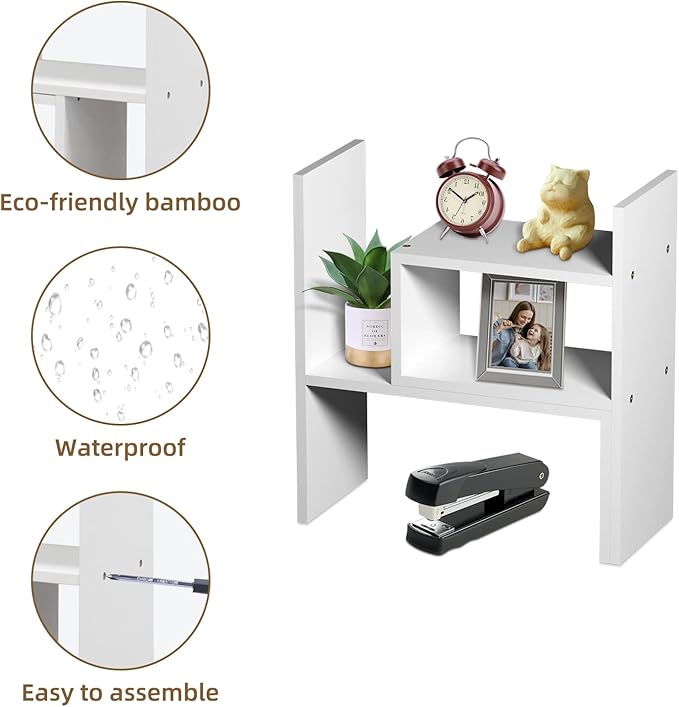 TY ARTS & CULTURE - Expandable Wood Desktop Storage Organizer Multipurpose Desk Bookshelf Display Shelf Rack Counter Top Bookcase for Office Home | Pure White