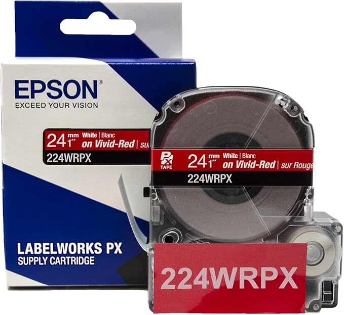 Epson LABELWORKS 224WRPX Genuine PET (Polyester) Tape Cartridge - White on Red Label Maker Tape - 1" (24MM) Wide, 30'