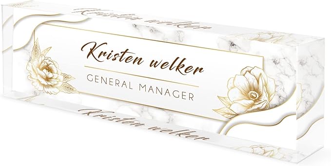 Desk Name Plate Personalized, Premium White Marble Flowers Acrylic Desk Name Plate, Personalized Name Plate for Desk, Office Decor for Women or Men Coworkers, Boss, Employee, Teacher