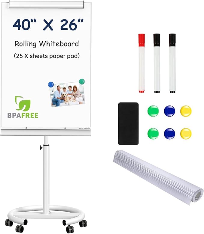 TSJ OFFICE Mobile Standing Whiteboard - 40 x 26 Inches Dry Erase Magnetic White Board with Stand Flipchart Easel Height Adjustable