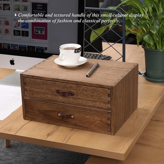 Wood 2 Drawer Desktop Organizer Cabinet - Desk Storage Box for Kitchen Counter,Dresser Tabletop -Wooden File Organizer Printer Machine Stand for Office Accessories Chest Dark (FAX2C-DK）