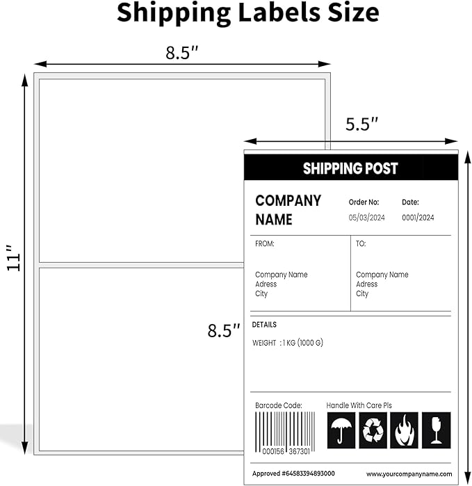 25 Sheets 50 Labels Half Sheet Self Adhesive Shipping Labels for Laser & Inkjet Printers,8.5" x 5.5" Shipping Mailing Label,White