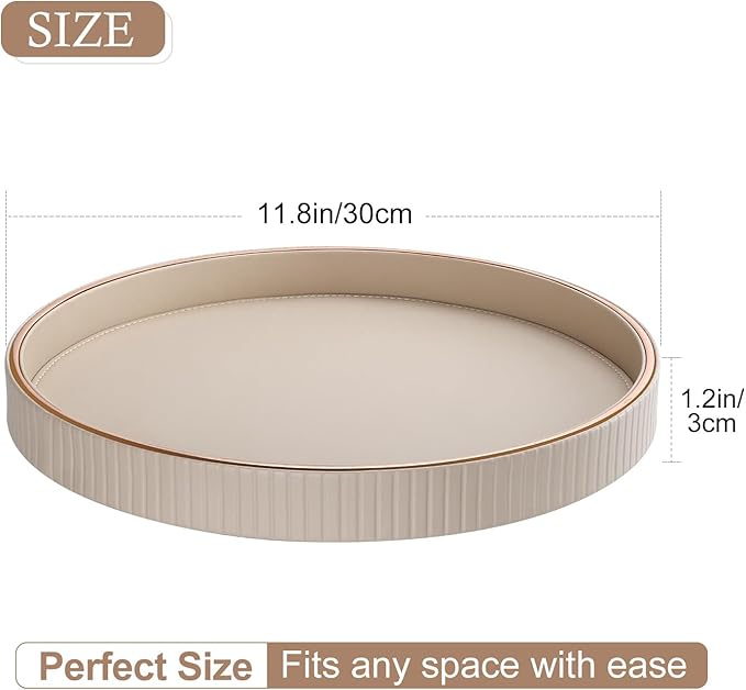 GORESE Round Decorative Tray for Coffee Table Decor, 12" PU Leather Serving tray Table Centerpiece Home Decor, Desk Valet Tray for Trinket Jewelry Perfume Key, Ottoman Tray Nightstand Organizer, Biege