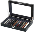 12-Slot Fountain Pen Collector Case – Lockable Wooden Organizer with Glass Display Top, Premium Storage Box for Writing Instruments and Gift for Men