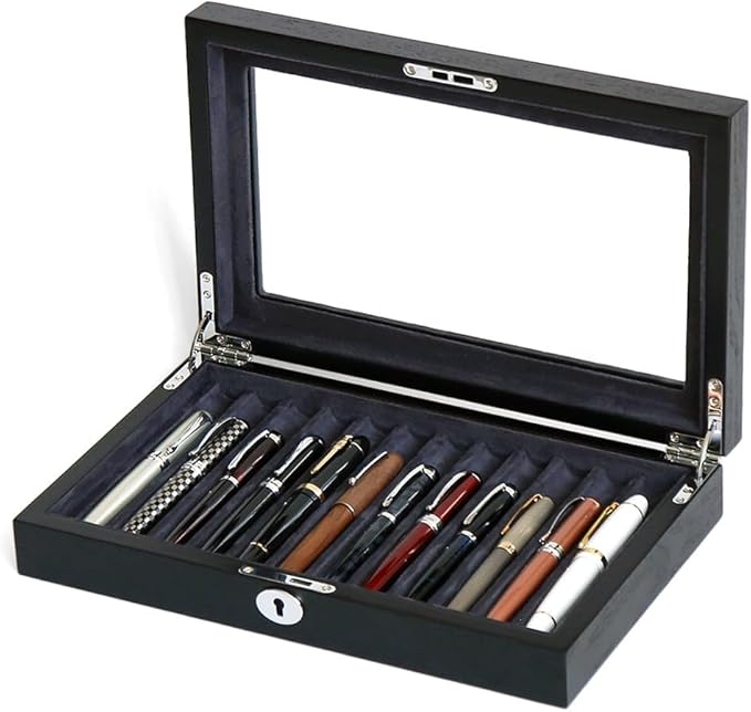 12-Slot Fountain Pen Collector Case – Lockable Wooden Organizer with Glass Display Top, Premium Storage Box for Writing Instruments and Gift for Men