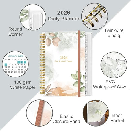 2025-2026 Daily & Monthly Planner - One Page Per Day, Daily Planner 2025-2026 from July 2025 to June 2026, Planner 25-26 with 12 Monthly Tabs, 6.4" x 8.5", Rose Leaf