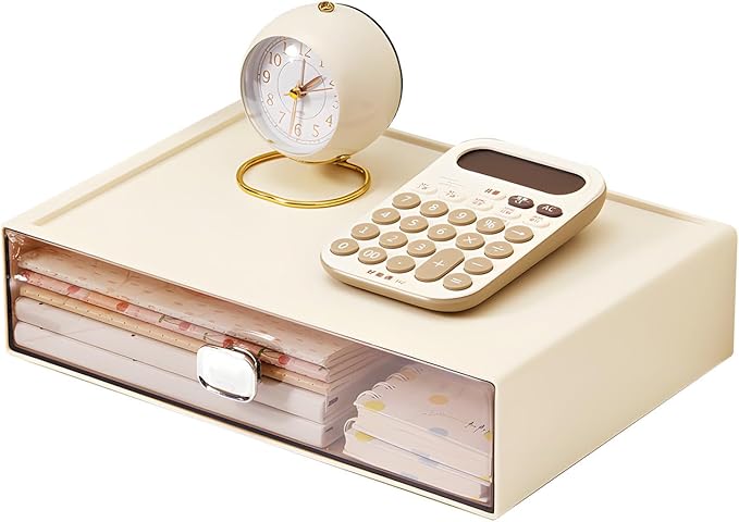 Spacious Desktop Storage Box, 1 Large Storage Drawer, Stackable Office Desk Drawer Organizer and Accessories, Printer Paper Organizer, Cream Plastic Drawers for Workspace & Home