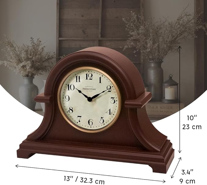 Presentime & Co. Mantel Clock Vintage Farmhouse Series, Napoleon Desk & Shelf Clock, 13 x 10 inch, Domed Lens, Quartz Movement, ABS Plastic Case, Walnut Brown Finish (Home/Tabletop Decoration)