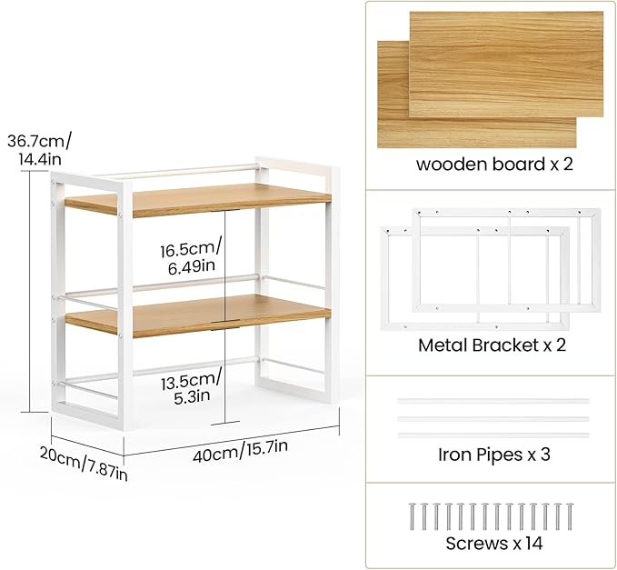 Office Desk Shelf Organizer, Wood Desktop Bookshelf Supplies Storage Rack, Shelf for Top of Desk and Dresser (White-2 Tier)