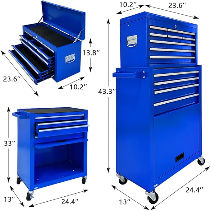 13-Drawer Tool Chest with Tool box and wheels, Large Detachable Tool box with Sliding Drawers, Mechanic Storage Cabinets, Metal Tool Cart for Garage Workshop (Blue)