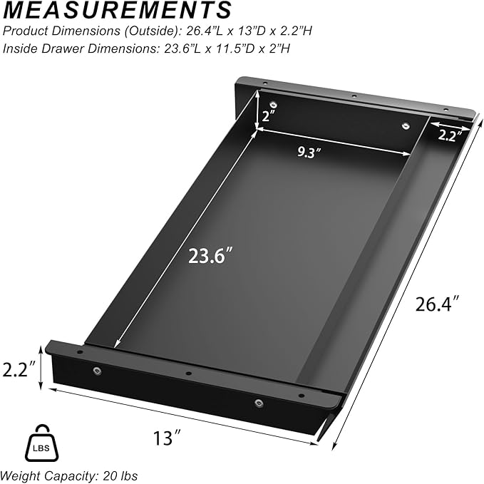 Large Under Desk Mounted Sliding Drawer with Pencil Tray and 60 Degree Tilt Panel to Pull Out, 26'' Long & 13'' deep Large Storage Organizer for Sit Stand Workstation