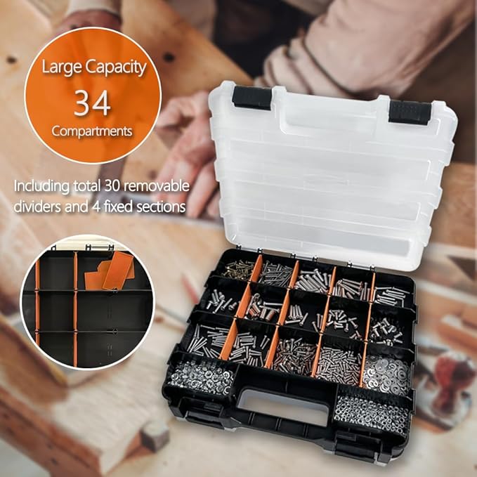 Tool Box Storage Organizer, TONGQI 34-Compartment Double Side Small Parts Box with Removable Plastic Dividers for Hardware, Screws, Bolts, Nails, Jewelry and Fishing Accessories, 2 Pack