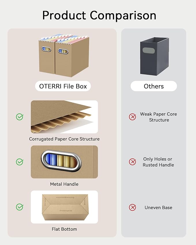 Oterri Cardboard File Organizer Box for Hanging File Folders Letter Size,File Box for Computer Desk,File Cabinet,Working Home,Office,Classroom (Brown, Letter Size - 4 Packs)