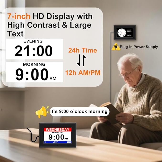 Digital Alarm Clock for Seniors - No-Abbreviation Date HD Display Auto Dimming Photo FrameWhite Noise DST Adjustment, Ideal Gift for Elders (7inch Black)