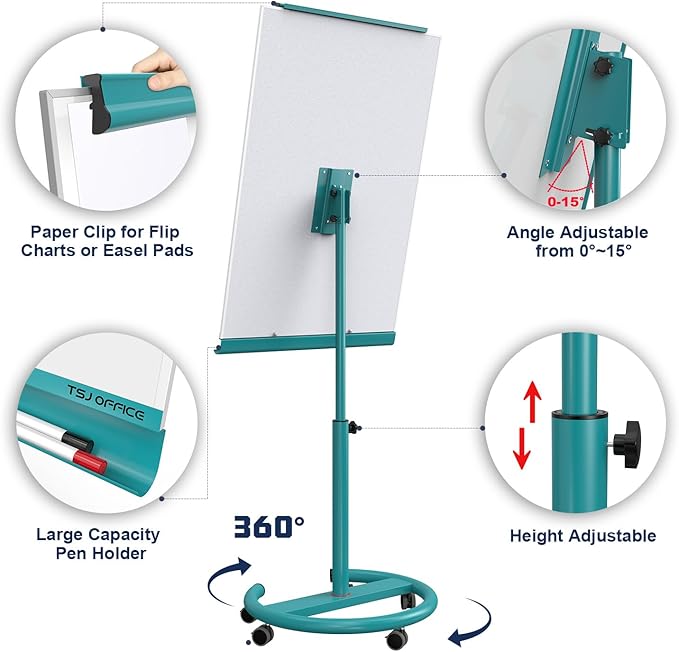 TSJ OFFICE Mobile Whiteboard Magnetic - 40 x 26 Inches Dry Erase Board on Wheel with Stand Flipchart Easel Height Adjustable,Blue