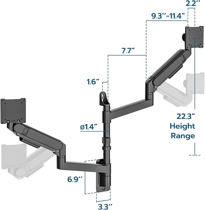 ARES WING Dual Monitor Wall Mount for 24-57 Inch Ultrawide Screens, Premium Heavy Duty Monitor Arm Holds 60 lbs, Full Motion Gas Spring, Bearing Head for Easy Adjustment, 75/100 VESA Mount, Black