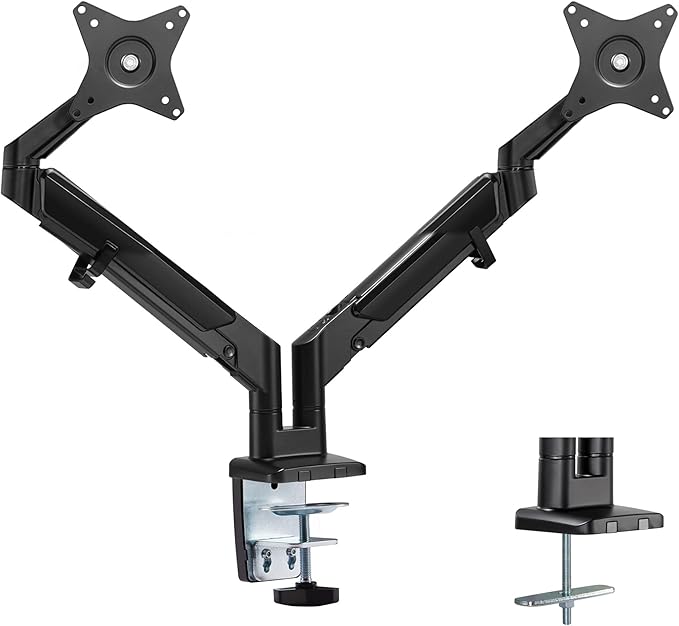 Mount-It! Dual Monitor Arm for 2 Monitors 17" to 32" Screens, Holds 19.8lbs per Arm, Height Adjustable, Tilt/Swivel/Rotate, Gas Spring System, Max VESA 100x100, C-Clamp & Grommet Base