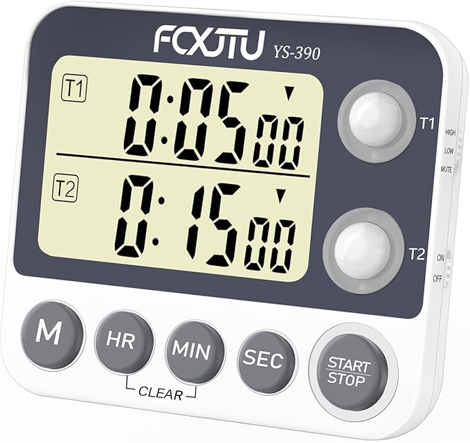 Digital Dual Kitchen Timer with Magnetic Back & Memory Presets, 2 Groups Countdown/Up Stopwatch Timer, 3-Level Volume + LED Alert, On/Off, 100Hr Max for Cooking, Baking (Battery Included)