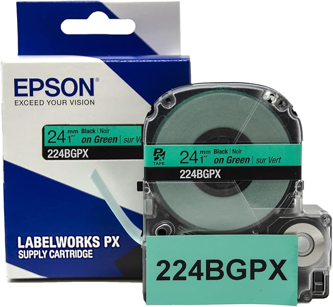 Epson LABELWORKS 224BGPX Genuine PET (Polyester) Tape Cartridge - Black on Green Label Maker Tape - 1" (24MM) Wide, 30'