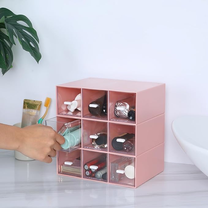 Desktop Drawers, Desk Organizer with 9 Drawers, Stackable Plastic Storage Box for Home Collection, Cosmetics, Office Supplies (3 Tall Layers, Pink)