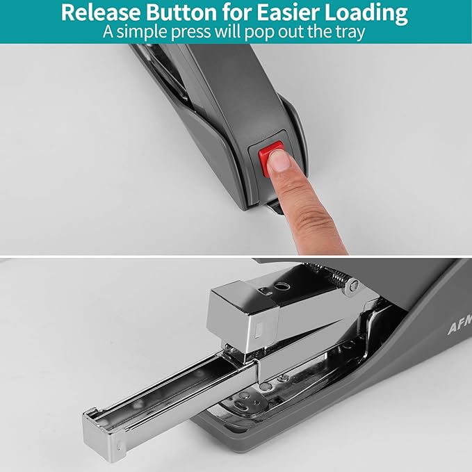 AFMAT Effortless Stapler for Desk, 50 Sheet Desktop Stapler, Ergonomic Office Staplers, One Finger Touch Stapling, Built-in Remover, Portable & Space Save Size, Good for Home & Office ES10(Gray)