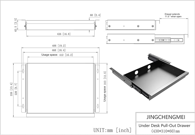 Under Desk Mounted Sliding Pull-Out Drawer for Office Desk W 19.2" x D 13.4" Storage Organizer for Sit Stand Workstation, Metal, Black (Large)