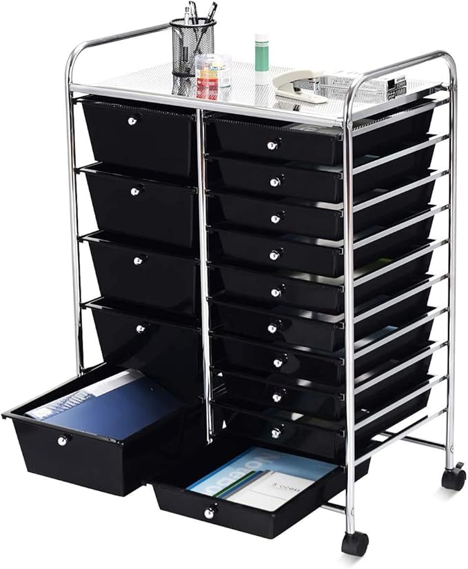 ARLIME 15-Drawer Storage Cart, 15 Drawer Trolley, Rolling Organizer Cart, Scrapbook Paper Organizer, Suitable for Office and School, Rolling Office Storage Tools (Black)