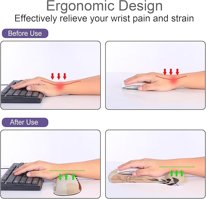 Mouse Pad and Keyboard Wrist Rest Support, with Non-Slip PU Base,Gel Mouse Pad with Coaster,Pain Relief for Gaming, Computer,Office -Boho Style