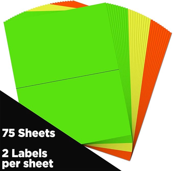 JAM PAPER Shipping Labels - Half Page - 5 1/2 x 8 1/2 - Assorted Bright Neon Colors - 150/Pack