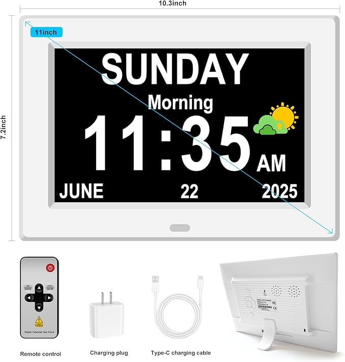 11'' Large Display Digital Clock for Seniors, Digital Calendar Alarm for Elderly Clock with Date Day of Week 12 Alarms 4 Colors Desk Wall Clocks for Memory Loss Alzheimers Dementia Auto DST/Dimmer