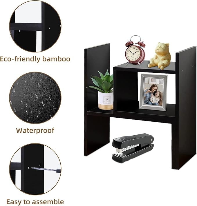 TY ARTS & CULTURE - Expandable Wood Desktop Storage Organizer Multipurpose Desk Bookshelf Case Display Shelf Rack Counter Top Bookcase for Office Home | Black