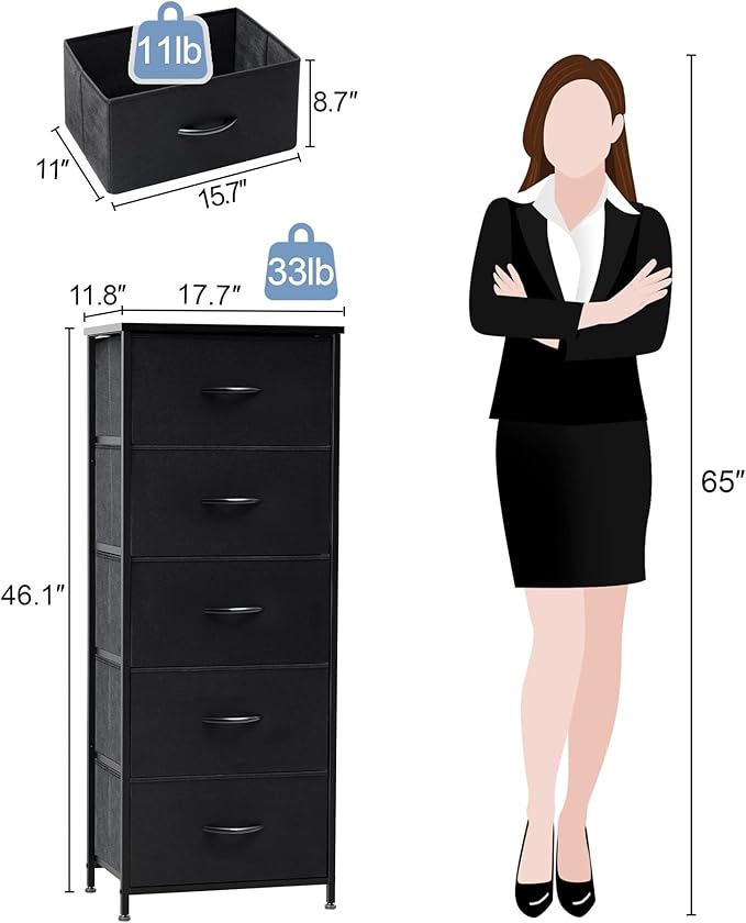 Crestlive Products Vertical Dresser Storage Tower - Sturdy Steel Frame, Wood Top, Easy Pull Fabric Bins - Organizer Unit for Bedroom, Hallway, Entryway, Closets - 5 Drawers(Black)