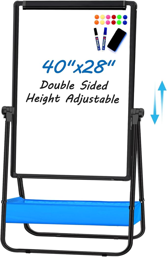 Dry Erase White Board with Stand Double Sided 40"X28" Magnetic U Standing Easel Whiteboard, Height Adjustable & 360° Rotation Portable White Boards for School, Classroom, Home & Office