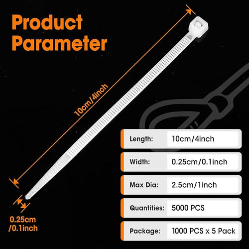 5000 PCS Zip Ties 4 Inch, Small Cable Ties with 18lbs Tensile Strength, White Zip Ties for Indoor and Outdoor Use, UV Resistant Wire Ties
