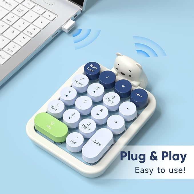 MOFII Wireless Number Pad with Bear - Mixed Blue Numeric Keypad 18 Keys 2.4G Round Keycap Colorful Extensions Cute Numpad, Portable Accounting Financial Retro Numpad 10 Key for Laptop/PC/Notebook