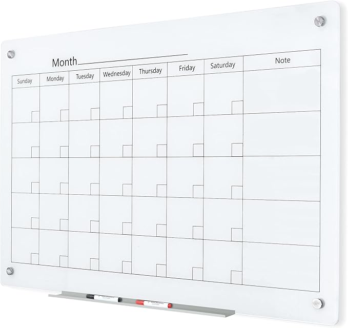 J&J worldwide Magnetic Whiteboard Calendar, 3' x 2' Glass Wall Calendar Dry Erase Board Monthly Planner for Home, School, Office, Frameless, with Markers, Marker Tray, Eraser, Magnets, 35 x 23 Inches