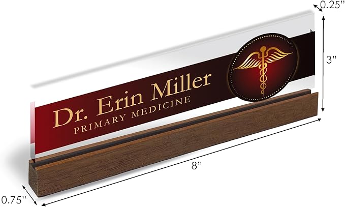 Artblox Personalized Office Desk Name Plate and Business Card Holder | Clear Acrylic Glass with Teak Wood Stand | Doctor Design Customized with Your Name and Credentials Office Desk Decor
