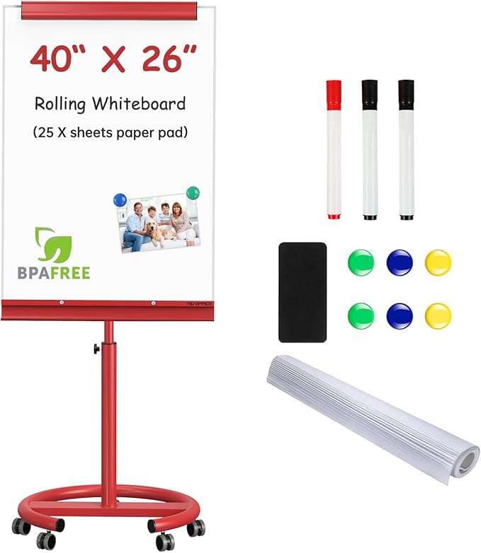 TSJ OFFICE Mobile Whiteboard Magnetic - 40 x 26 Inches Dry Erase Board on Wheel with Stand Flipchart Easel Height Adjustable,Red
