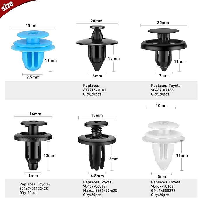 Nilight 121PCS Car Bumper Retainer Clips 6mm 6.5mm 7mm 8mm 9.5mm 9.8mm Expansion Screws Replacement Kit Door Trim Panel Clips Bumper Push Rivet Clips for Toyota Honda GM Mazda