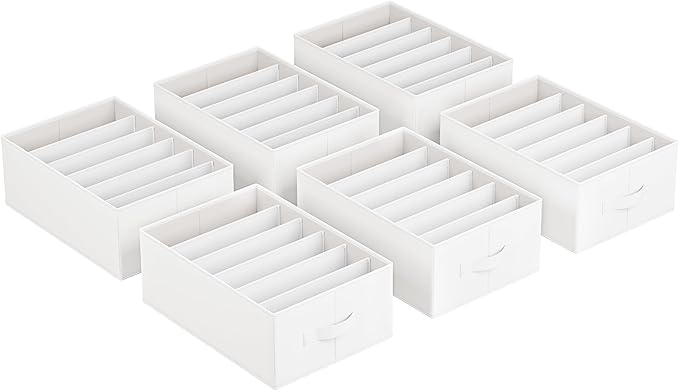 SONGMICS Set of 6 Large Size Wardrobe Clothes Organizers, 6-Compartment Foldable Drawer Organizers with Handles, 16.5 x 11.8 x 6.7 Inches, for Pants, Sweaters, Jeans, Cloud White URUS009W03
